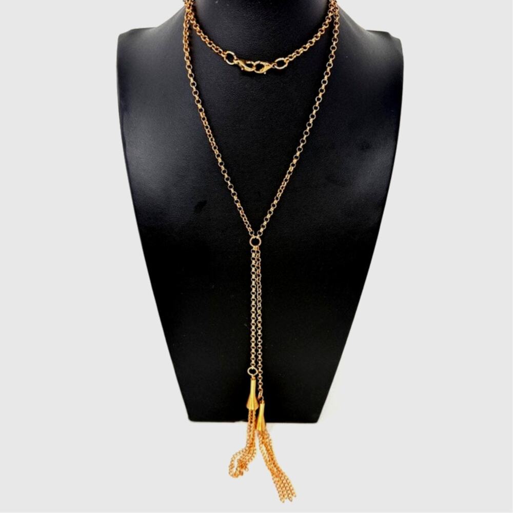 Vintage MCM Bolo Lariat Y-Drop Chain Fringe Necklace Coiled Bells Gold Tone 28"
